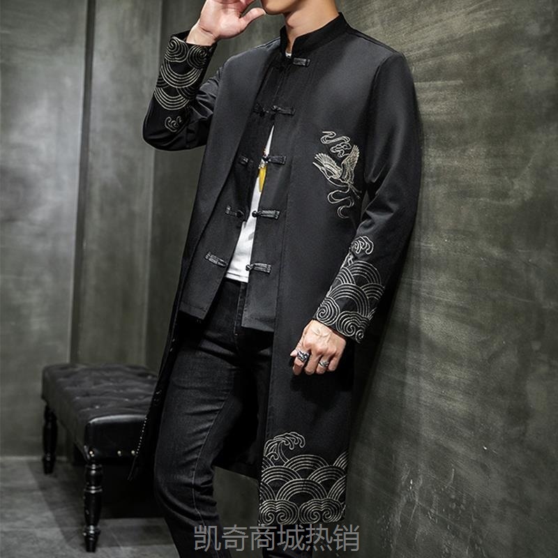 春秋款男士潮流中长款汉服刺绣风衣唐装中国风假两件复古休闲外套