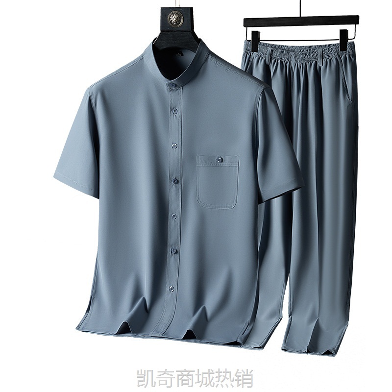 中老年人夏季薄款短袖衬衫男爸爸夏装衬衣两件套爷爷冰丝速干套装