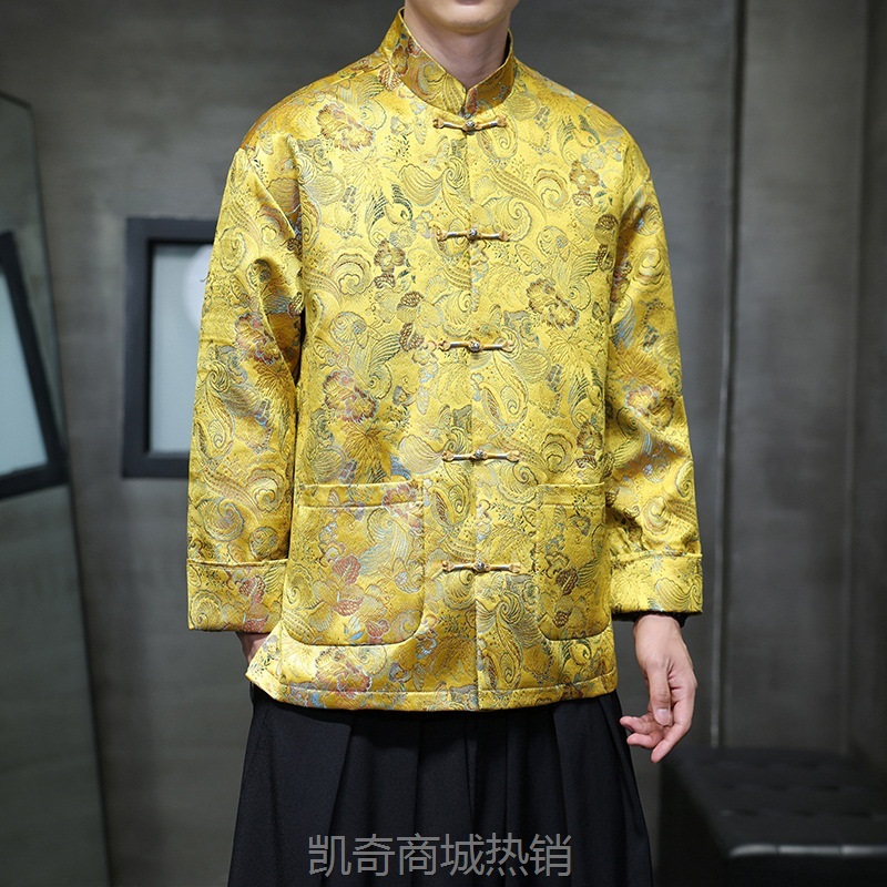 2024秋冬新品新中式中国风男士国色天香提花盘扣夹克唐装拼色外套