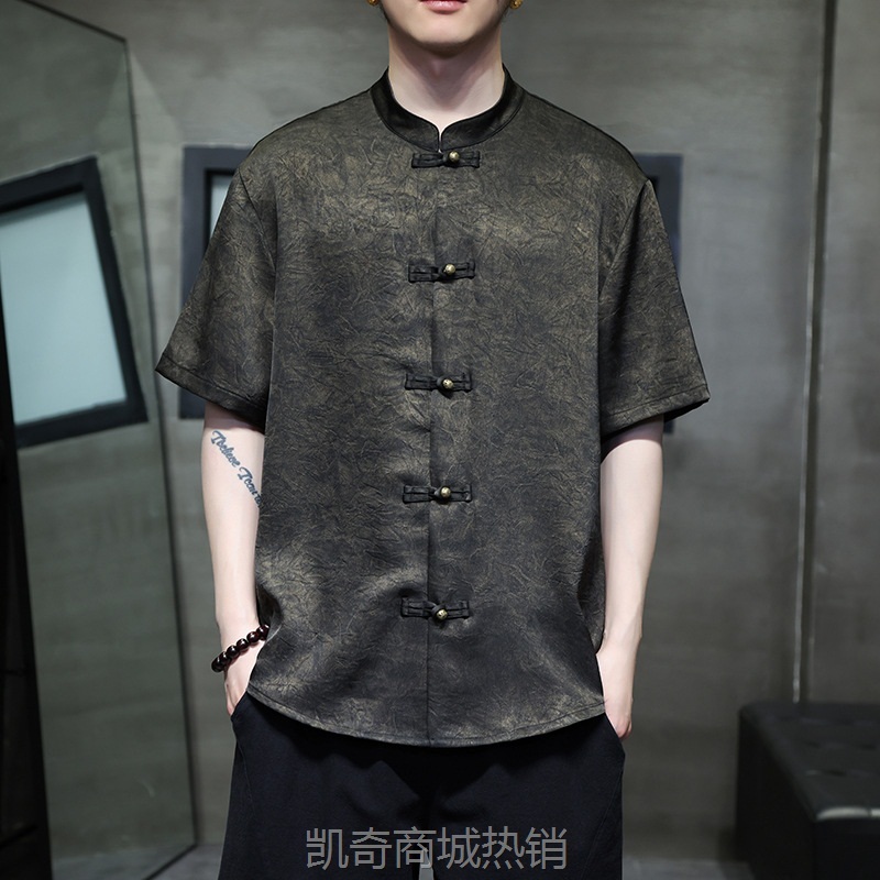 2024新中式短袖衬衫夏季中国风男装立领醋酸绸缎烫金印花盘扣衬衣