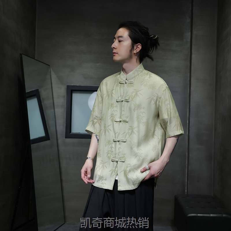 2024夏季新中式盘扣中山唐装中国风男式复古潮流暗纹高级感衬衫男