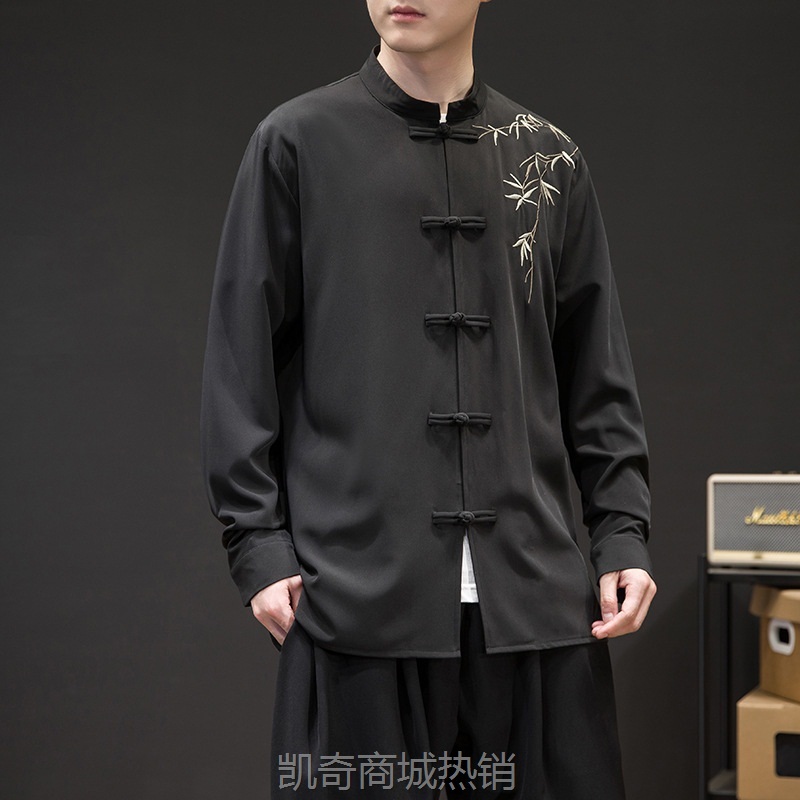 2023秋冬新款中国风男装复古潮流长袖盘扣衬衫刺绣新中式唐装衬衣