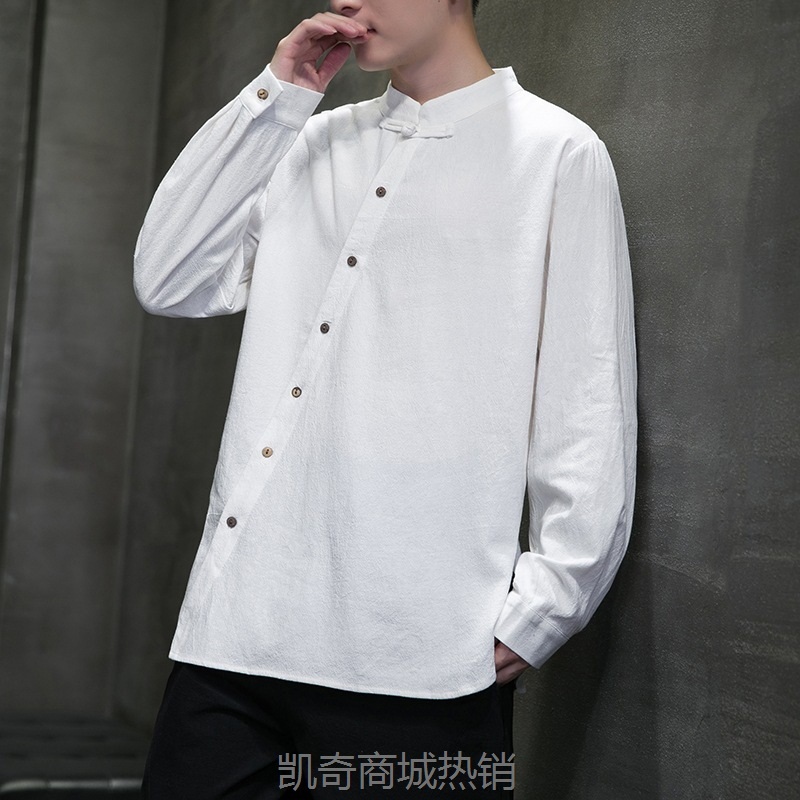2023秋装新款中国风男装复古潮流棉麻长袖衬衫唐装中式立领衬衣男