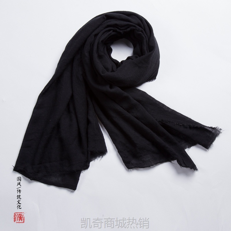 秋冬款中国风男士素色保暖围巾棉麻亚麻复古文艺民族风披肩纱巾