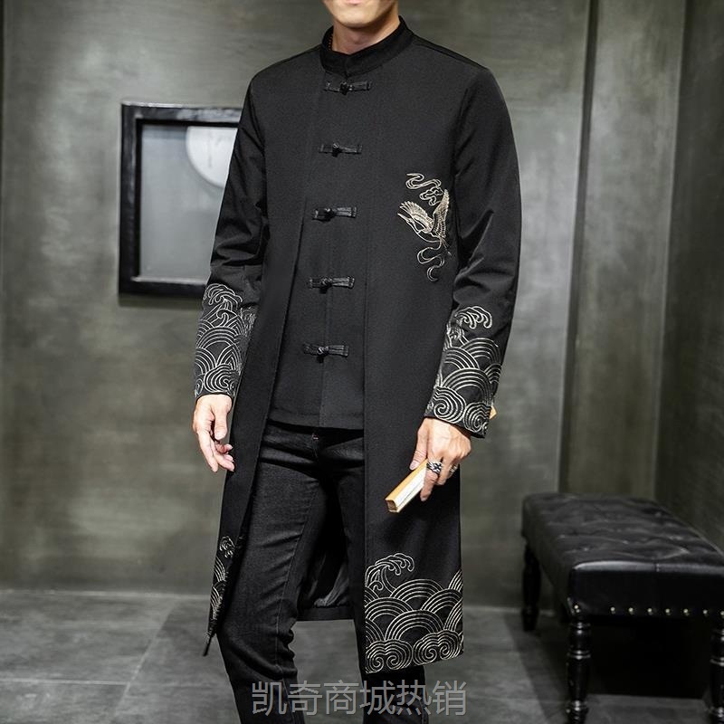 春秋款男士潮流中长款汉服刺绣风衣唐装中国风假两件复古休闲外套