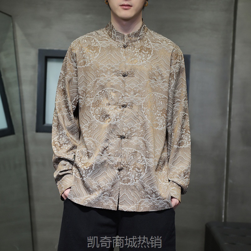 2024新款中国风男装暗花龙纹冰丝立领长袖衬衫古风国潮新中式唐装