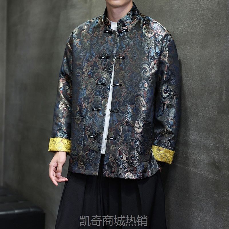 2024秋冬新品新中式中国风男士国色天香提花盘扣夹克唐装拼色外套