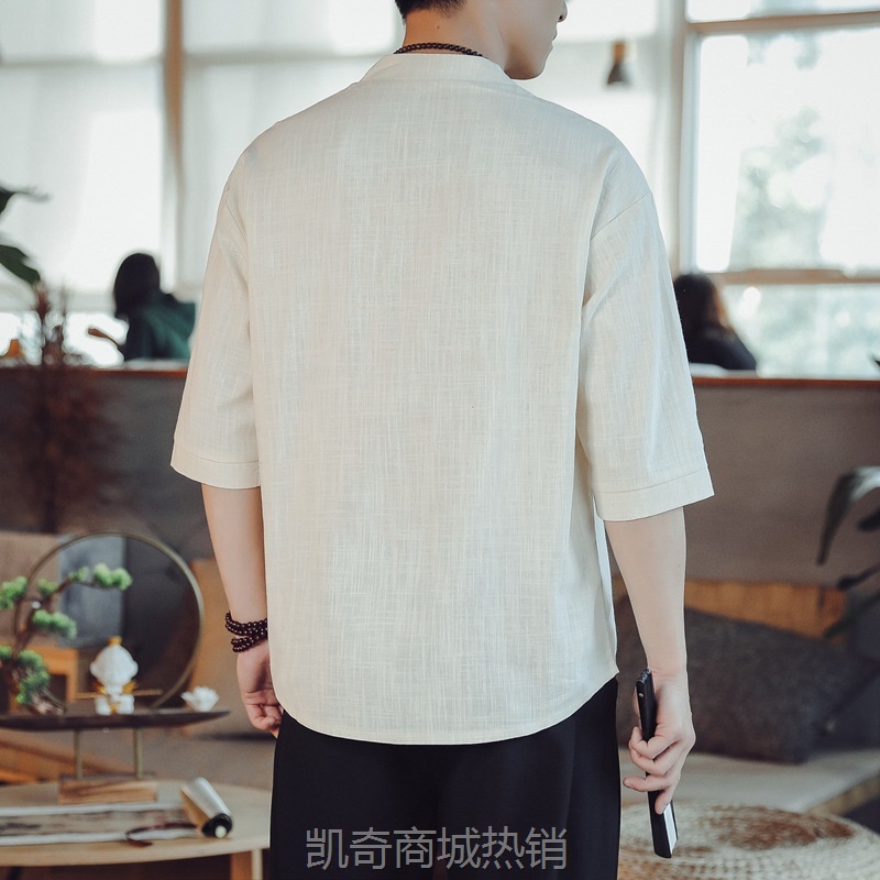 2023新款中国风男士纯色居士服衬衣男夏装复古潮流棉布休闲上衣