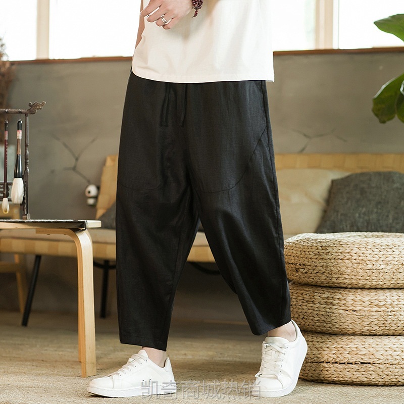 亚麻裤夏天薄款男士复古潮流哈伦裤纯色宽松型大码休闲九分裤批发