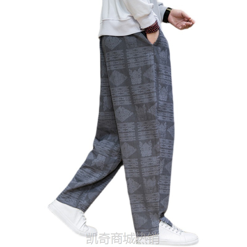 春夏新款中国风男士复古提花棉麻休闲裤青年宽松潮流直筒男裤批发