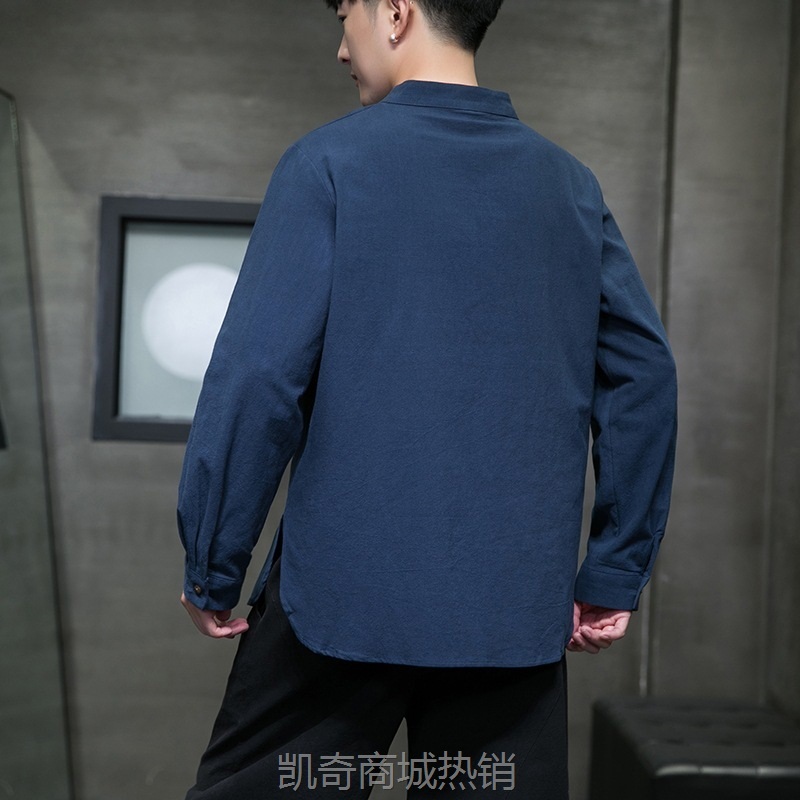 2023秋装新款中国风男装复古潮流棉麻长袖衬衫唐装中式立领衬衣男