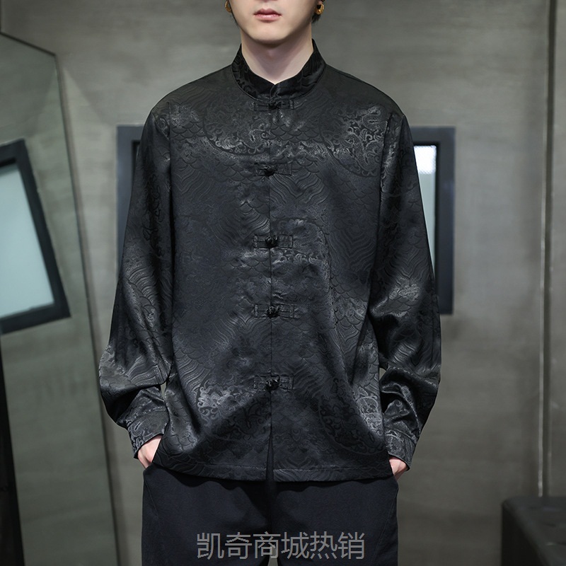2024春夏新款中国风男装暗花龙纹冰丝立领长袖衬衫国潮新中式唐装