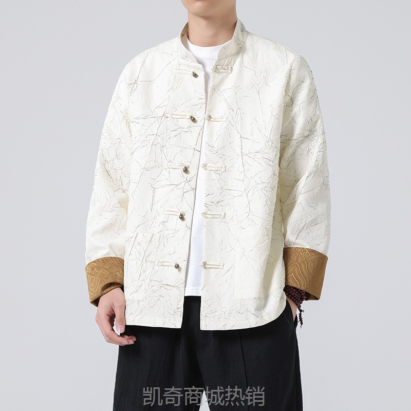 2024春夏新款花唐式唐装男浮雕褶皱中式改良外套复古国潮立领上衣