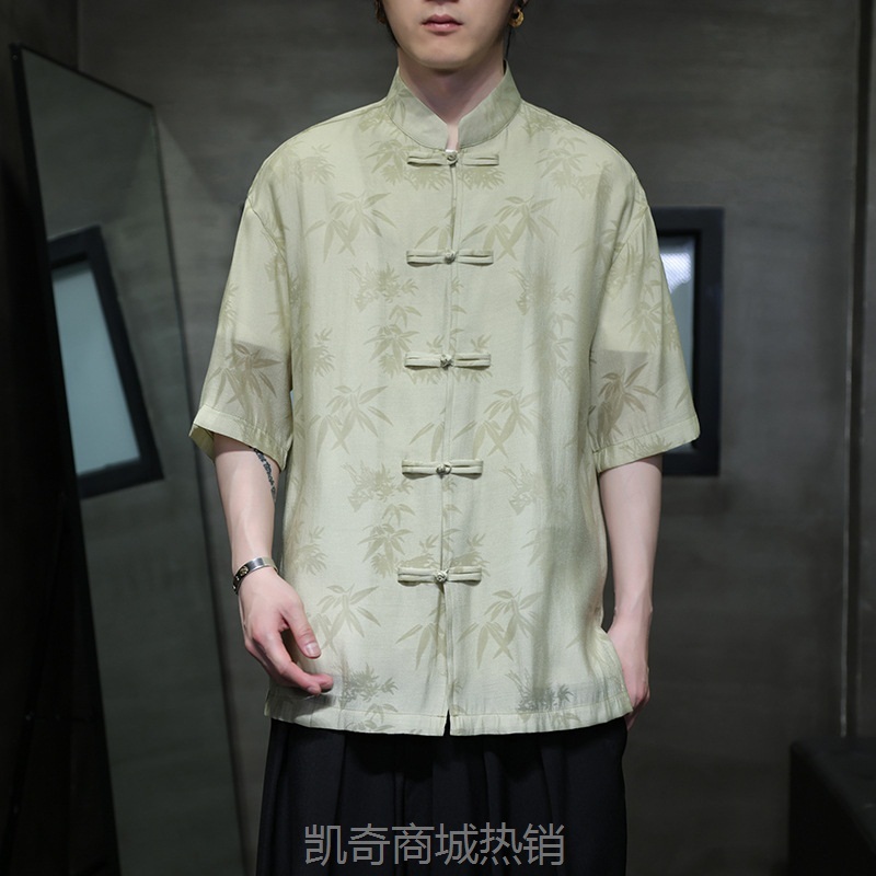 2024夏季新中式盘扣中山唐装中国风男式复古潮流暗纹高级感衬衫男