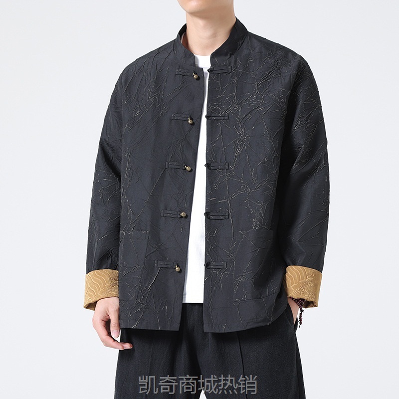 2024春夏新款花唐式唐装男浮雕褶皱中式改良外套复古国潮立领上衣