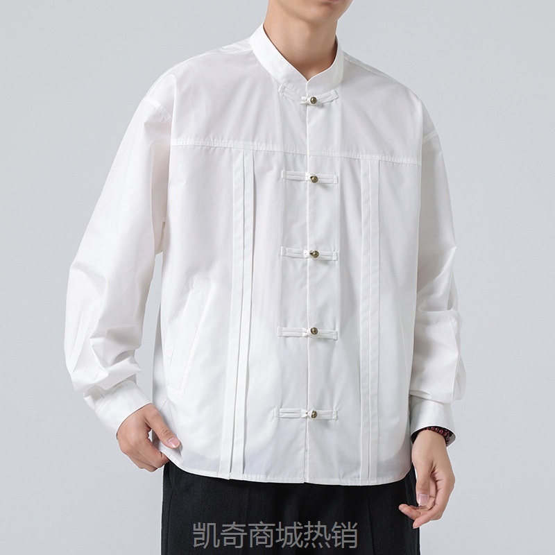 2024新款中国风男装小众立领盘扣衬衫春秋季日系潮流棉质长袖衬衣