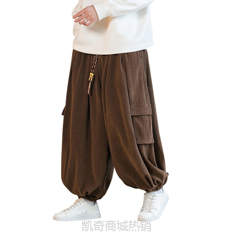 2023秋冬款中国风男士麦穗纹雪尼尔针织裤灯芯绒工装大口袋阔腿裤