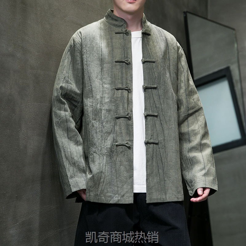 2023秋冬新款中国风男装复古盘扣亚麻褶皱中式夹克大码潮流外套男