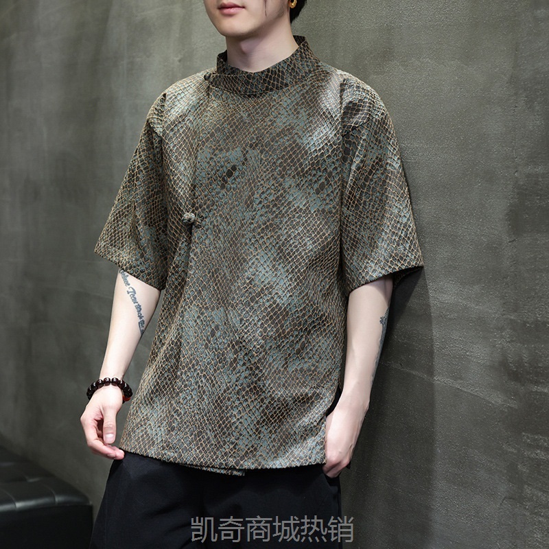 【八旗都统】夏季新款中国风男装蟒纹提花改良茶禅盘扣短袖衬衫男