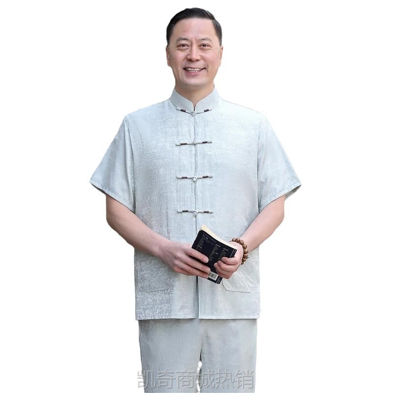 唐装男士冰丝短袖套装老人爷爷夏天衣服中	 国风男装中老年爸爸夏