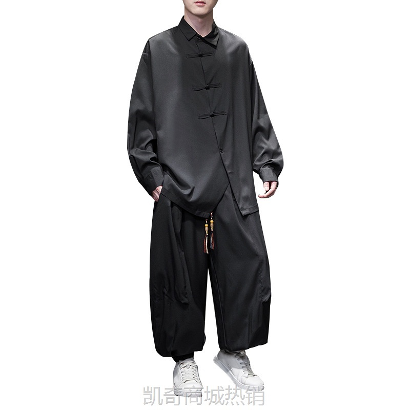 2023秋季中国风男装中式暗黑盘扣冰丝衬衫工装机能大口袋裤套装男