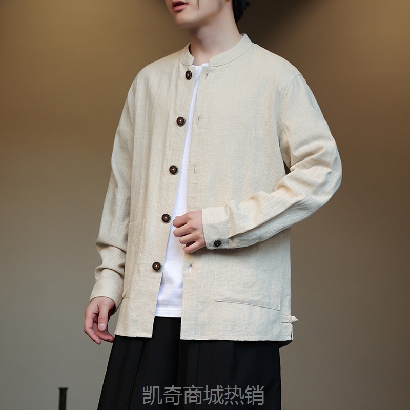 2024春夏新款中国风男士苎麻外套唐装棉麻夹克新中式立领长袖衬衫