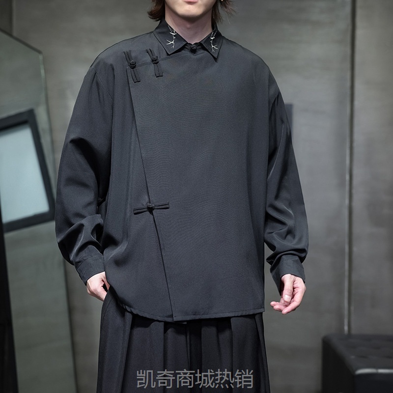 2024秋季新中式国潮复古中国风男士复古潮流盘扣绣花衬衫工厂批发