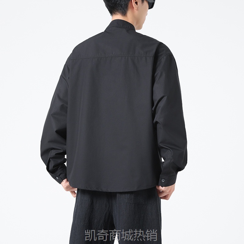 2024新款中国风男装小众立领盘扣衬衫春秋季日系潮流棉质长袖衬衣