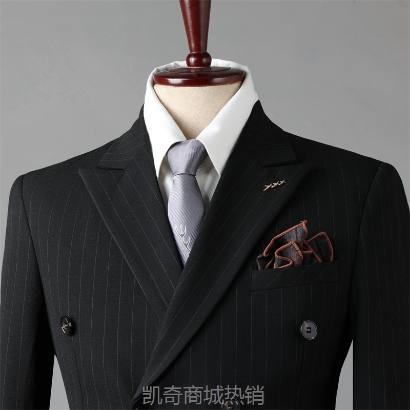 双排扣条纹西装男套装新郎结婚礼服商务修身西服上班面试职业正装