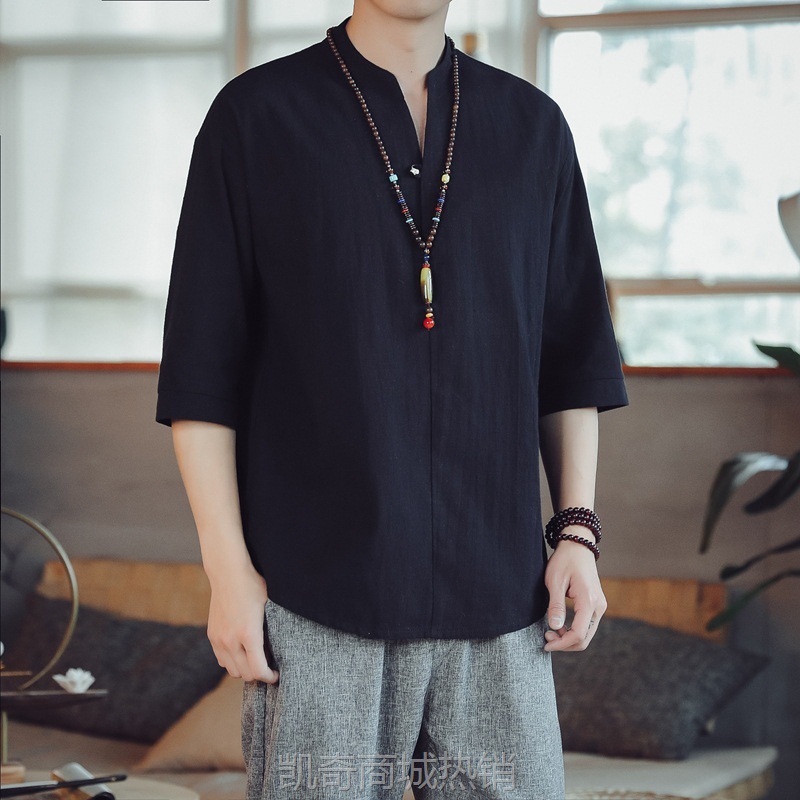 2023新款中国风男士纯色居士服衬衣男夏装复古潮流棉布休闲上衣
