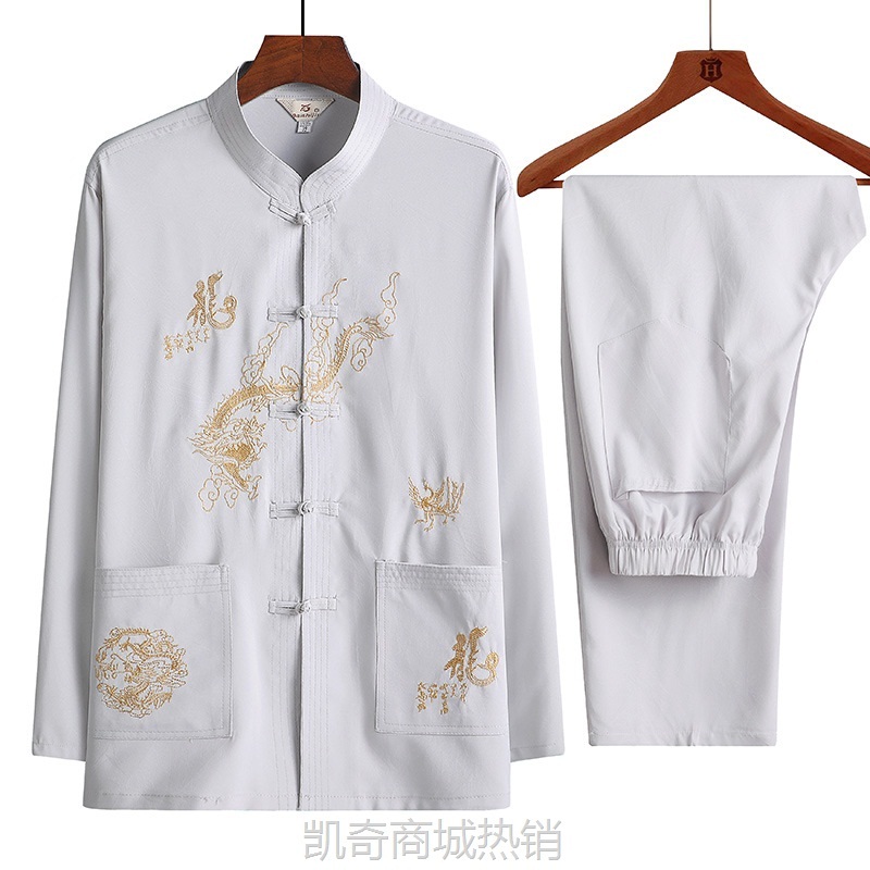 中老年人春秋爷爷唐装套装男士长袖衬衫中式刺绣爸爸晨练服汉服夏