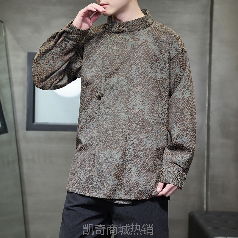 2023新品男装圆领蟒纹提花改良复古中国风长袖衬衫新中式盘扣外套
