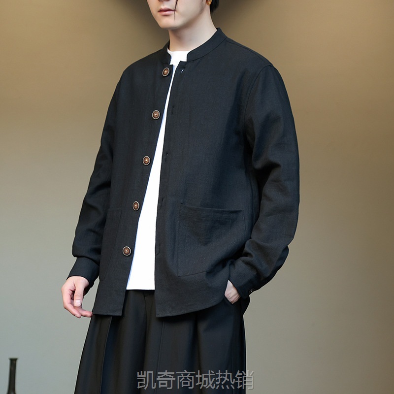 2024春夏新款中国风男士苎麻外套唐装棉麻夹克新中式立领长袖衬衫