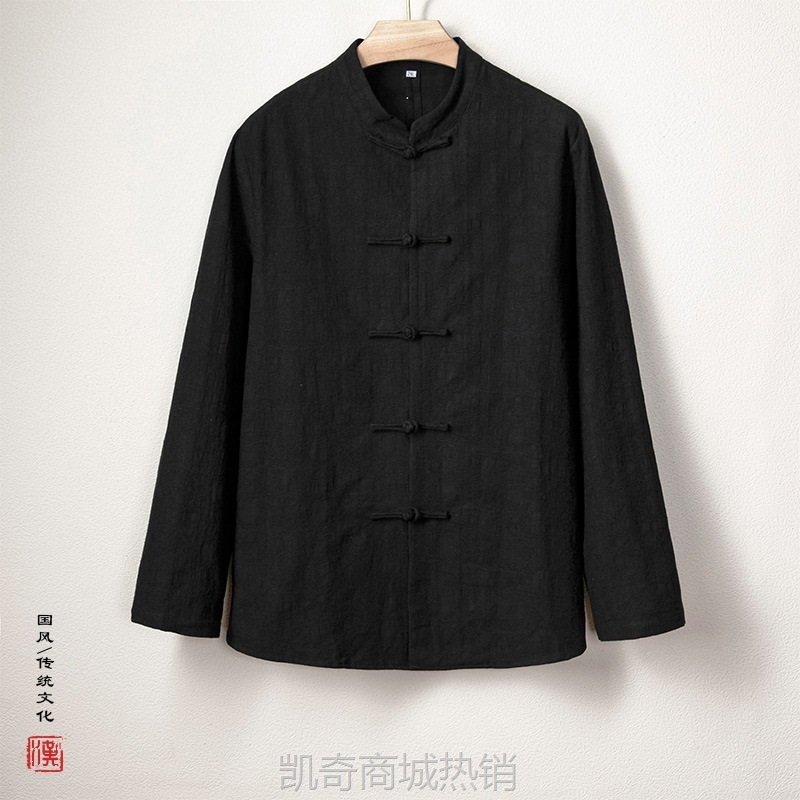 2024秋冬新款青年复古潮流棉麻亚麻提花男士立领中式盘扣唐装衬衫