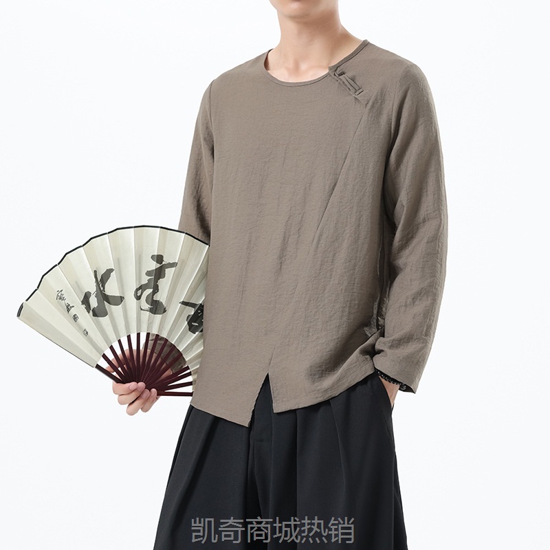 2024秋季新男士盘扣新中式轻国风棉麻T恤长袖内搭圆领打底上衣潮