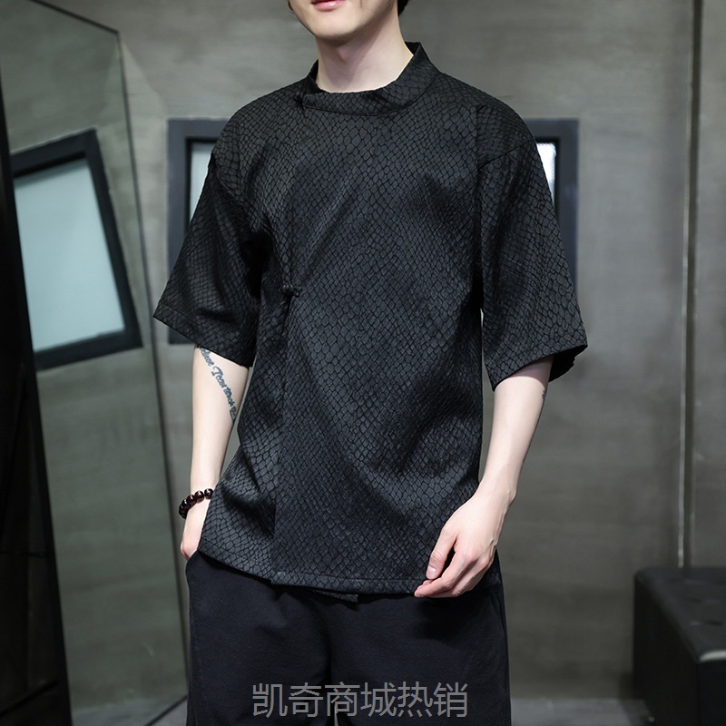 【八旗都统】夏季新款中国风男装蟒纹提花改良茶禅盘扣短袖衬衫男
