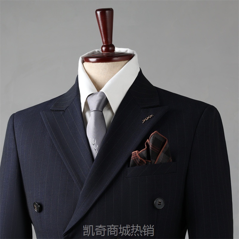 双排扣条纹西装男套装新郎结婚礼服商务修身西服上班面试职业正装