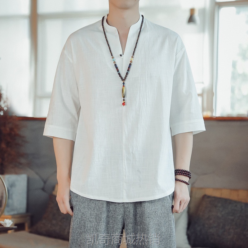 2023新款中国风男士纯色居士服衬衣男夏装复古潮流棉布休闲上衣