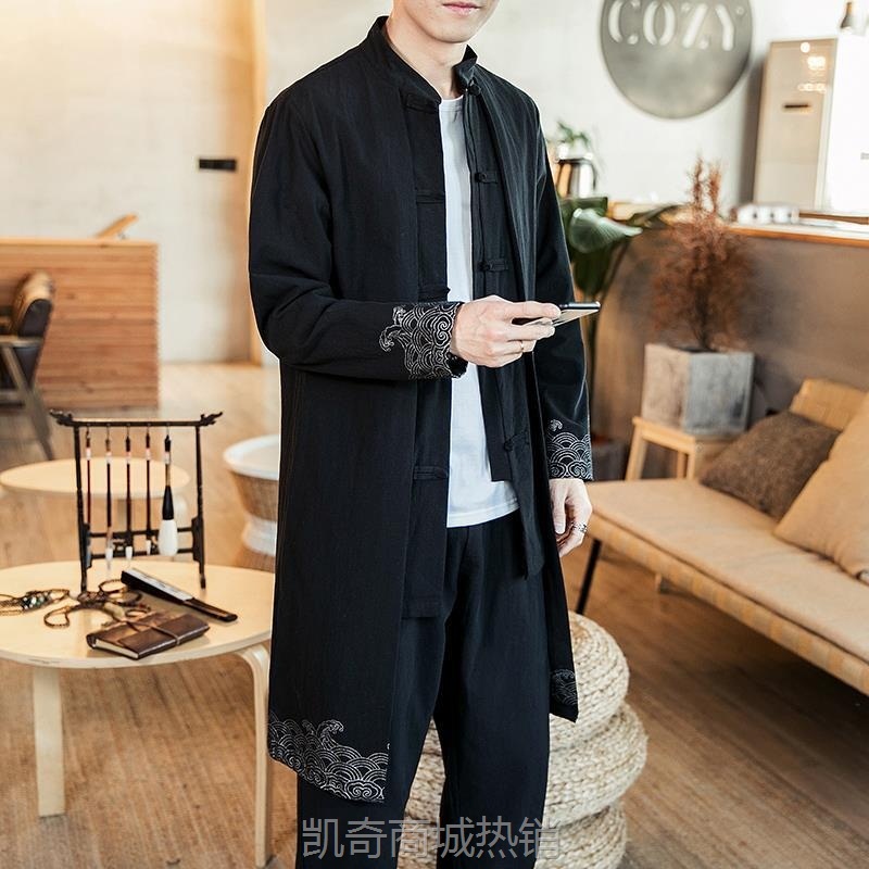 2022秋冬新款中国风男装盘扣风衣汉服宽松外套青年立领中长款唐装