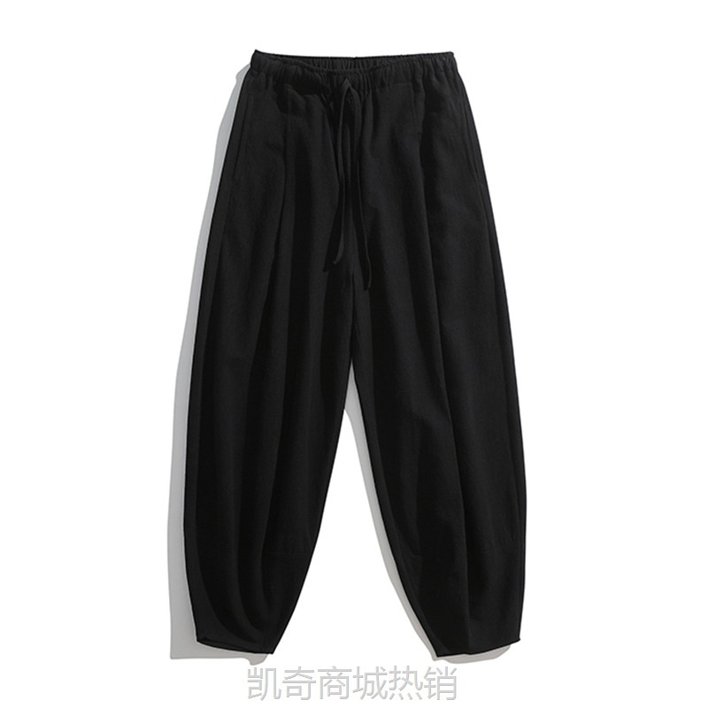 秋冬新款男士复古潮流束脚哈伦裤中国风亚麻如意裤棉麻直筒灯笼裤