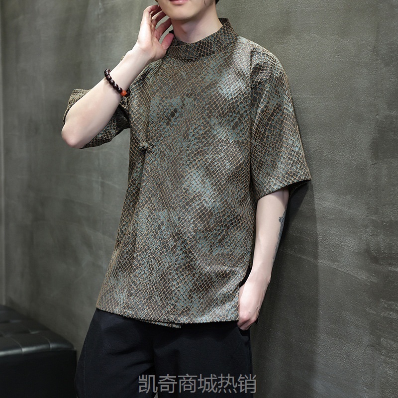 【八旗都统】夏季新款中国风男装蟒纹提花改良茶禅盘扣短袖衬衫男