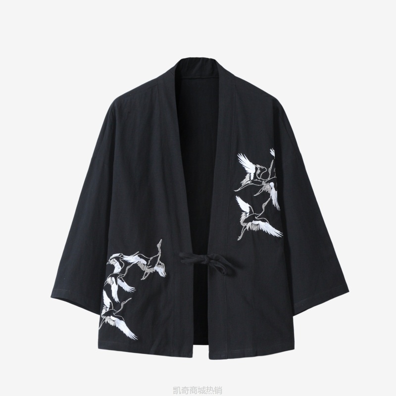 夏季新款男士仙鹤刺绣中国风汉服开衫日系复古潮流和服道袍批发