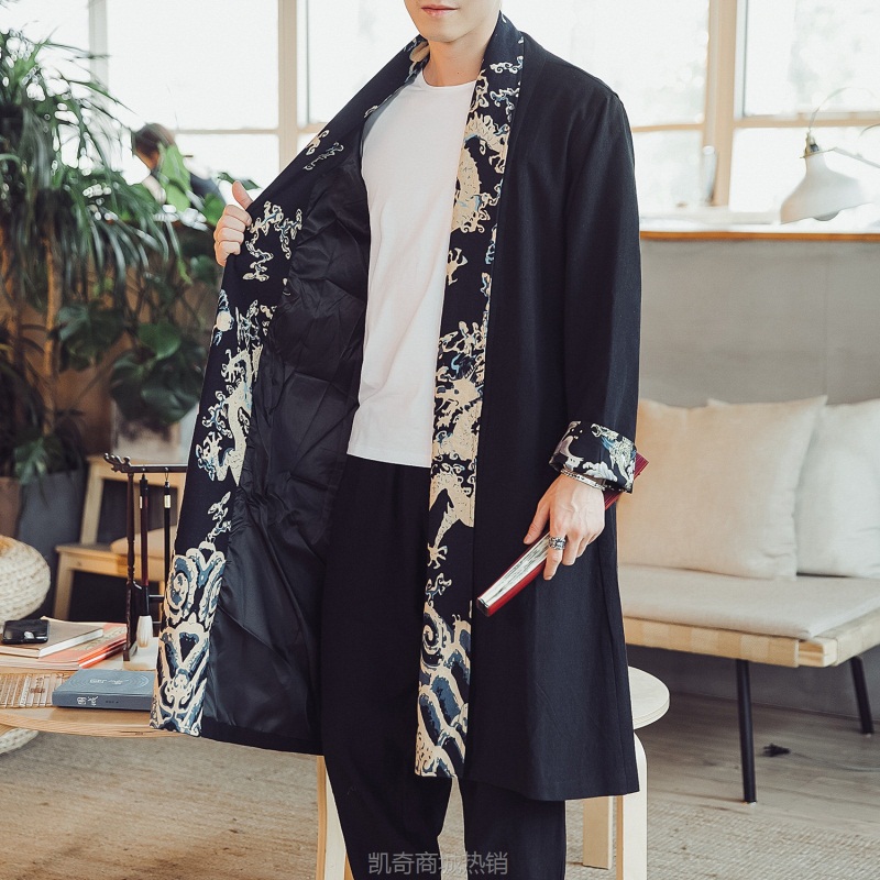 中国风男装时尚印花加绒加厚中长款风衣大码宽松复古潮流披风外套