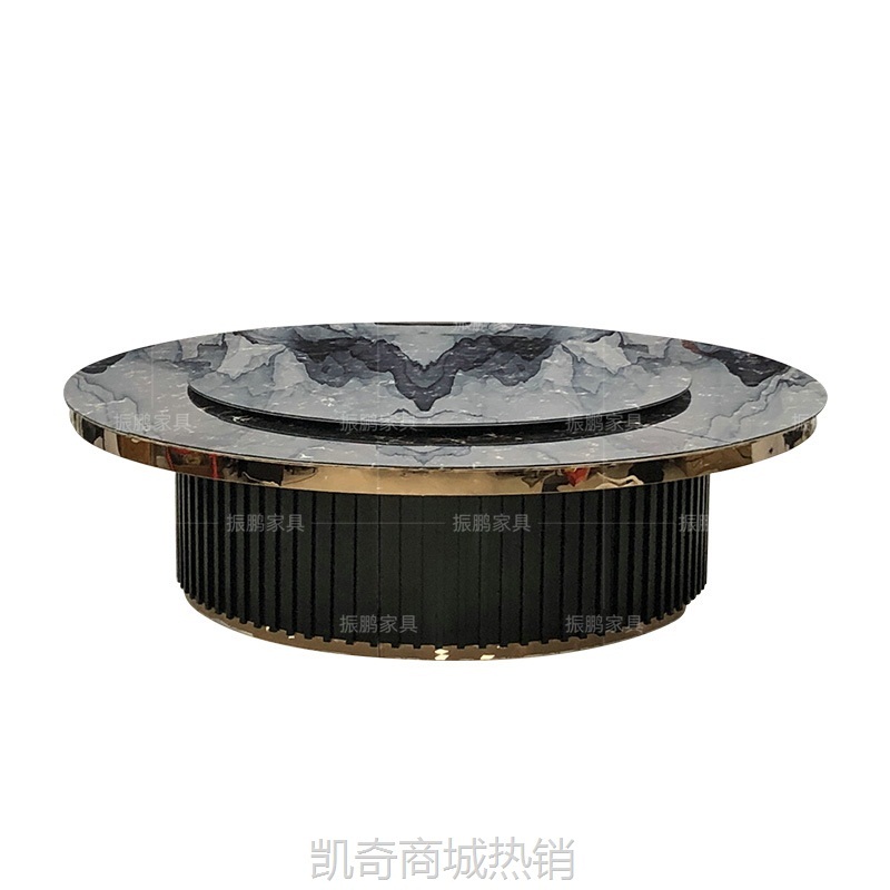轻奢酒店电动餐桌大理石隐形电磁炉带转盘大圆桌现代新中式火锅桌
