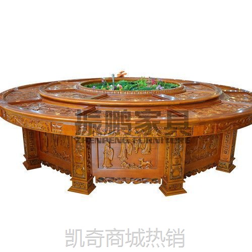 振鹏酒店家具 三国演义全橡木雕花酒店电动餐桌厂家直营饭店餐桌