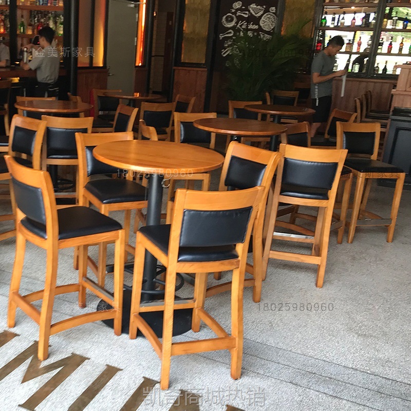 工业风实木酒吧桌椅酒馆吧台吧椅简约靠背高脚椅高吧凳酒吧椅厂家
