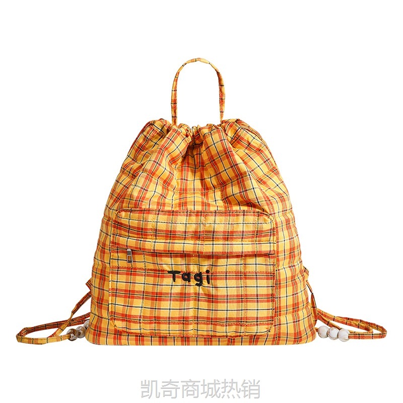 CDIWRI&KARI跨境正品抽绳大容量双肩包女2024新款夏方格串珠背包