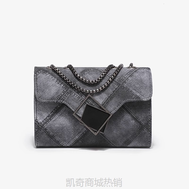 牛仔pu皮革菱格压花小方包时尚渐变色链条斜挎单肩女包新款手机包