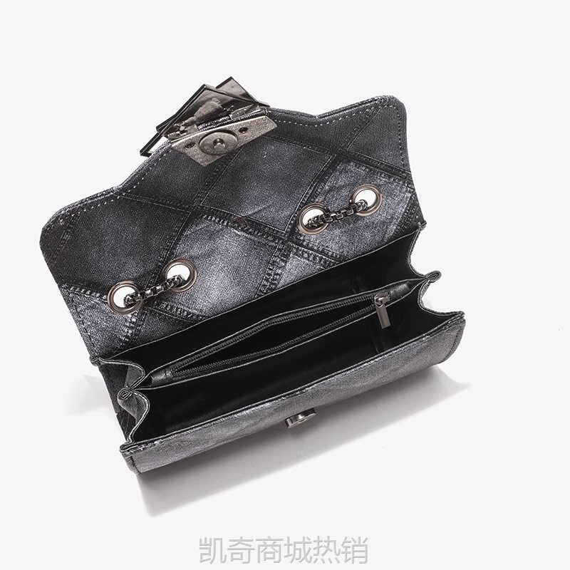 牛仔pu皮革菱格压花小方包时尚渐变色链条斜挎单肩女包新款手机包