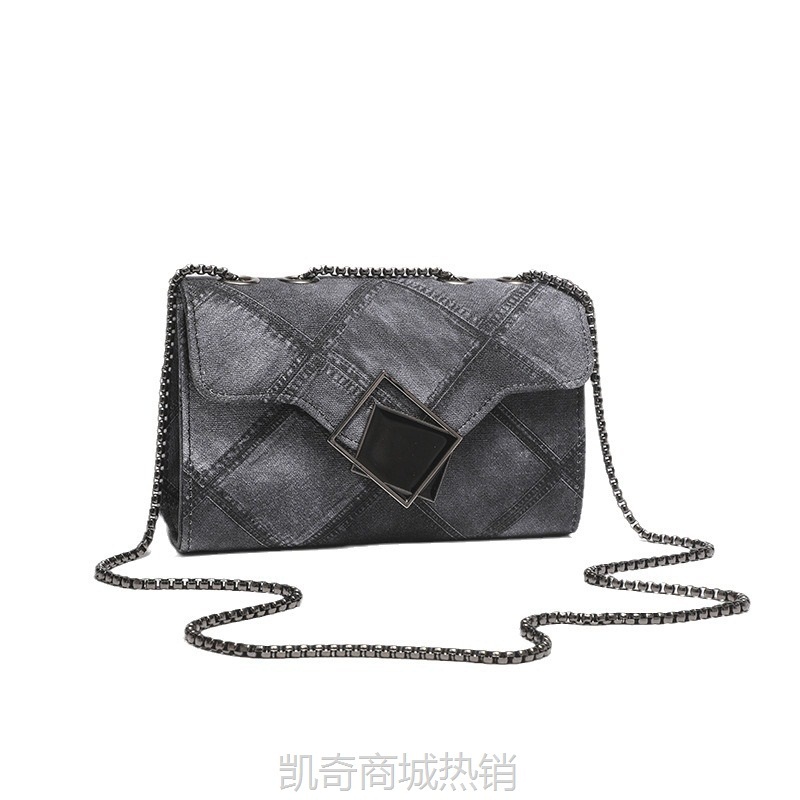 牛仔pu皮革菱格压花小方包时尚渐变色链条斜挎单肩女包新款手机包